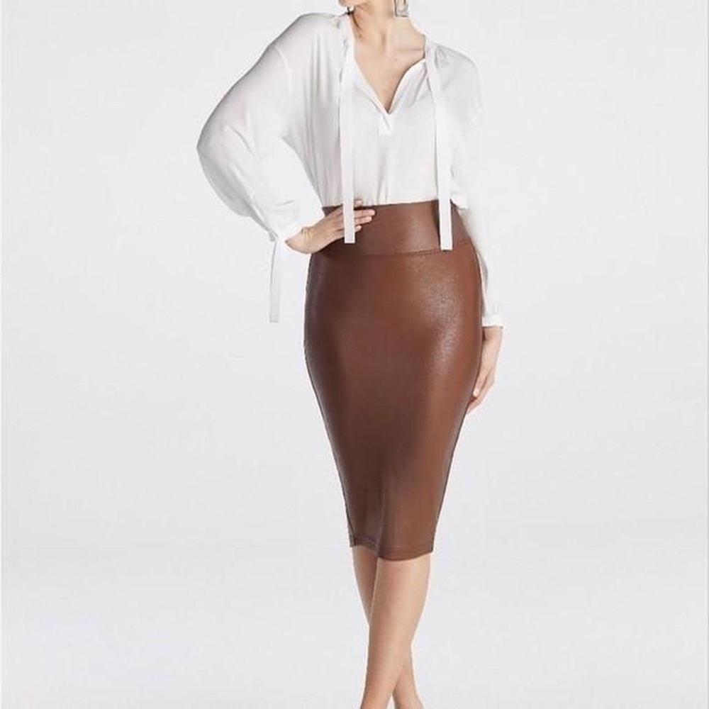 NWT Spanx Faux Leather Pencil Skirt Saddle Brown Women’s Sz Small